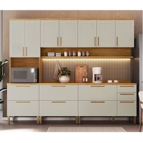 Cozinha Completa Modulada 5 Peças com Espaço Micro-ondas 265cm 100% Mdf Estônia Espresso Móveis Amêndoa/Off White