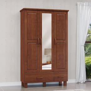 Guarda Roupa Roupeiro 3 Portas 2 Gavetas com Espelho Linha Bronze Madeira Maciça 1141TN Imbuia Finestra