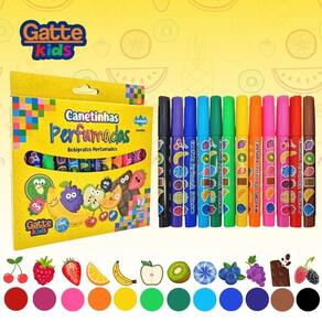 Canetinha Hidrocor Perfumada 12 Cores c/ Cheirinho de Frutas Lavável - Gatte | Papelaria | Material Escolar | Infantil