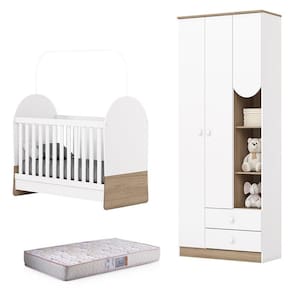 Guarda Roupa 3 Portas e Berço Mini Cama Magia Branco Jequitibá HP com Colchão 130x60 Gazin - Henn