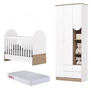Guarda Roupa 3 Portas e Berço Mini Cama Magia Branco Jequitibá HP com Colchão 130x60 Prorelax - Henn