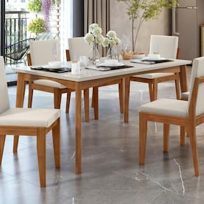 Mesa de Jantar 6 Lugares Madeira Maciça e Vidro Temperado 160cmx90cm Monalisa Natural/Off White Nesher