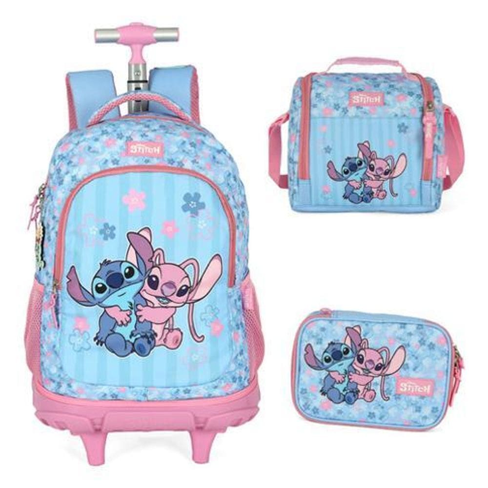 Kit Mochila Com Rodinhas Escolar Stitch E Angel