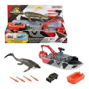Jurassic world Rebirth Matchbox -  Barco Resgate C/ Guincho e Dispara dardos 33 Cm ( vai na agua) - Mosasaurus 34 Cm Bot