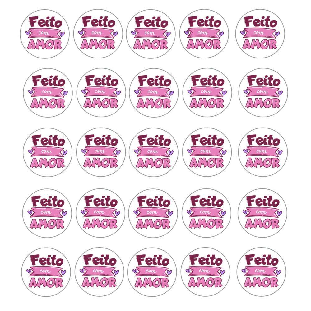54 Adesivos Vinil Para Embalaguens Frase Feito c/ Amor 3 cm