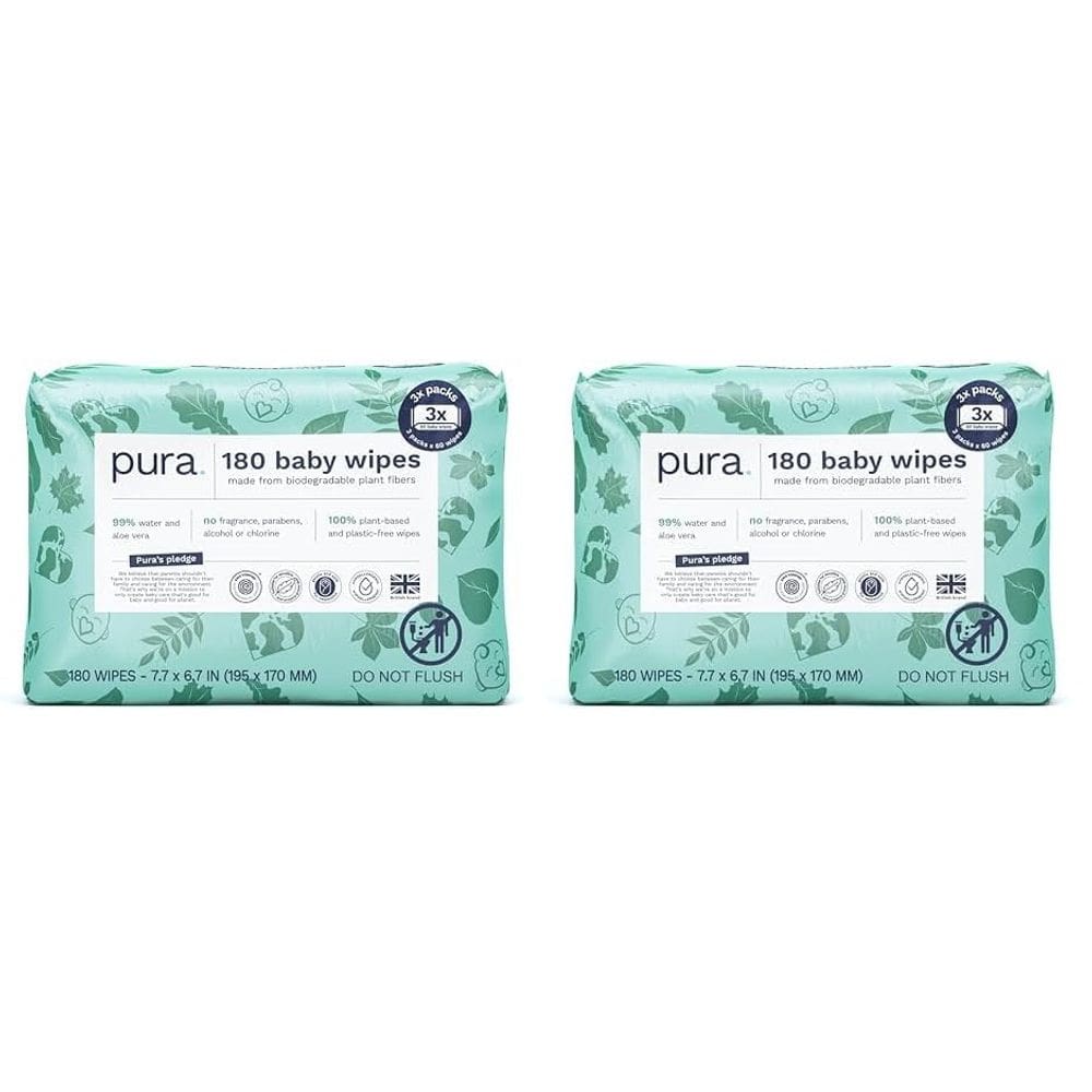 Toalhetes para bebês Pura 180 toalhetes 100% sem plástico 99% de água x2