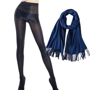 Kit Meia Calça 70D Anticelulite Brilhante Cintura Alta Preta 44/46 + Lenço Pashmina Azul Marinho Grosso = 2 Produtos