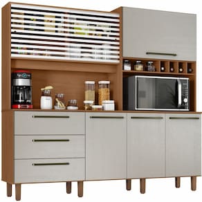 Armário de Cozinha Zanzini Mega 6 portas 3 gavetas com adega e nicho com 207 cm de Largura Cinamomo/Areia