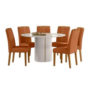 Conjunto de Mesa Redonda com Tampo de Vidro Off White e 6 Cadeiras Serena Poliéster Terracota e Amadeirado