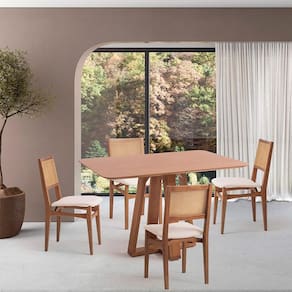 Conjunto de Mesa Retangular com Tampo de Madeira Maciça Frame e 4 Cadeiras Serena Algodão Bege Claro e Nogueira