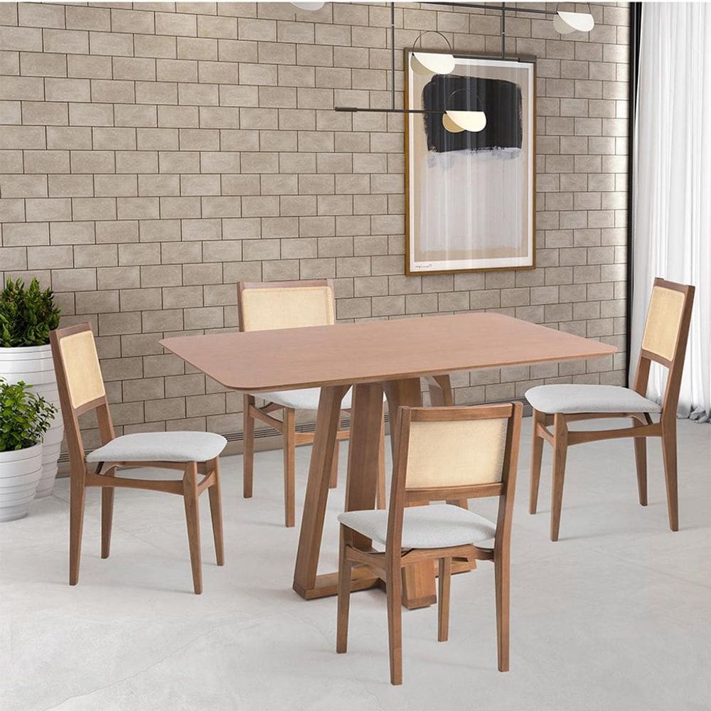 Conjunto de Mesa Retangular com Tampo de Madeira Maciça Frame e 4 Cadeiras Serena Poliéster Cinza Claro e Natural