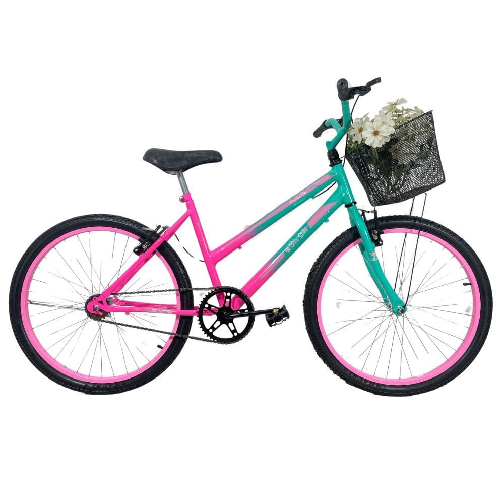 Bicicleta Infantil Aro 24 Cesta Feminina Verde Anis / Rosa