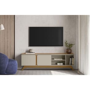 Rack Bancada p/ TV até 70 Pol Istambul c/ 2 Portas 1 Prateleira e 3 Nichos 200cm Nature/Off White - Linea Brasil