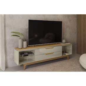 Rack Bancada p/ TV até 75 Pol Los Angeles c/ 2 Gavetas 2 Prateleiras e 4 Nichos 218cm Tauari/Off White Brilho - Linea Brasil