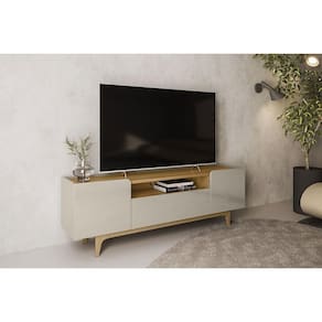 Rack Bancada p/ TV até 75 Pol Orlando c/ 3 Portas e 1 Nicho 180cm Tauari/Off White Brilho - Linea Brasil
