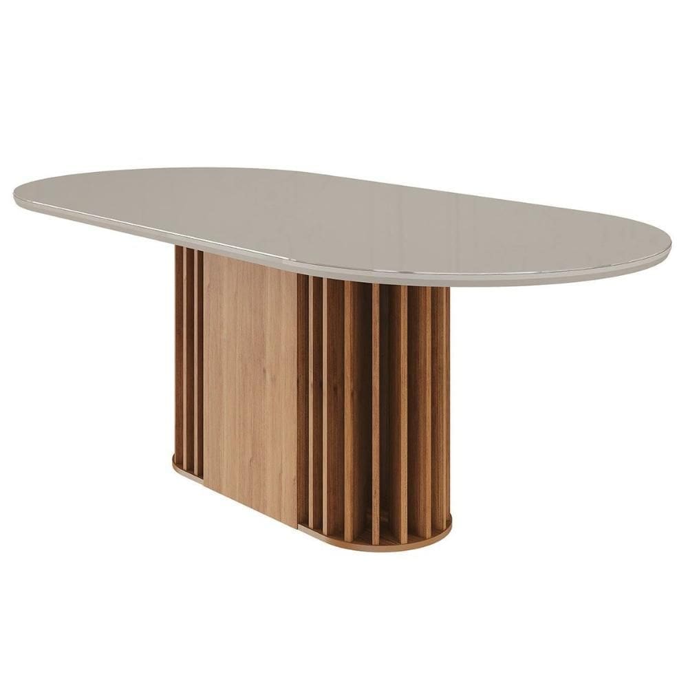 Mesa de Sala Jantar Julieta c/ Tampo Madeirado Vidro Oval 210x100cm Cinamomo/Off White - Cimol
