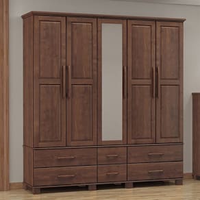 Guarda Roupa Bipartido 5 Portas e 6 Gavetas Linha Ouro Madeira Maciça 2253WN Café Finestra
