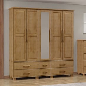 Guarda Roupa Bipartido 5 Portas e 6 Gavetas Linha Ouro Madeira Maciça 2253FN Freijó Finestra