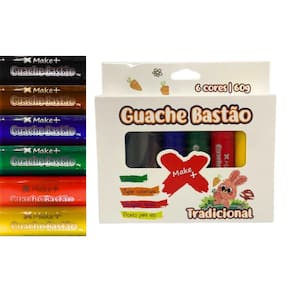 Tinta Guache em Bastão 6 Cores 10g cada Secagem Rápida Pronto para Uso - Make+ | Papelaria | Colorir | Pintura | Tintas