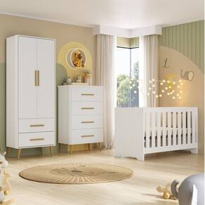Quarto de Bebê Completo Guarda-Roupa 2 Portas 2 Gavetas com Cômoda e Berço Magia Espresso Móveis Branco