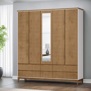 Guarda Roupa Roupeiro 5 Portas 6 Gavetas Linha Prata Madeira Maciça e MDF 2814BFN Off White Freijó Finestra