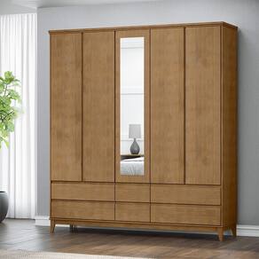 Guarda Roupa Roupeiro 5 Portas 6 Gavetas Linha Prata Madeira Maciça e MDF 2814FN Freijó Finestra