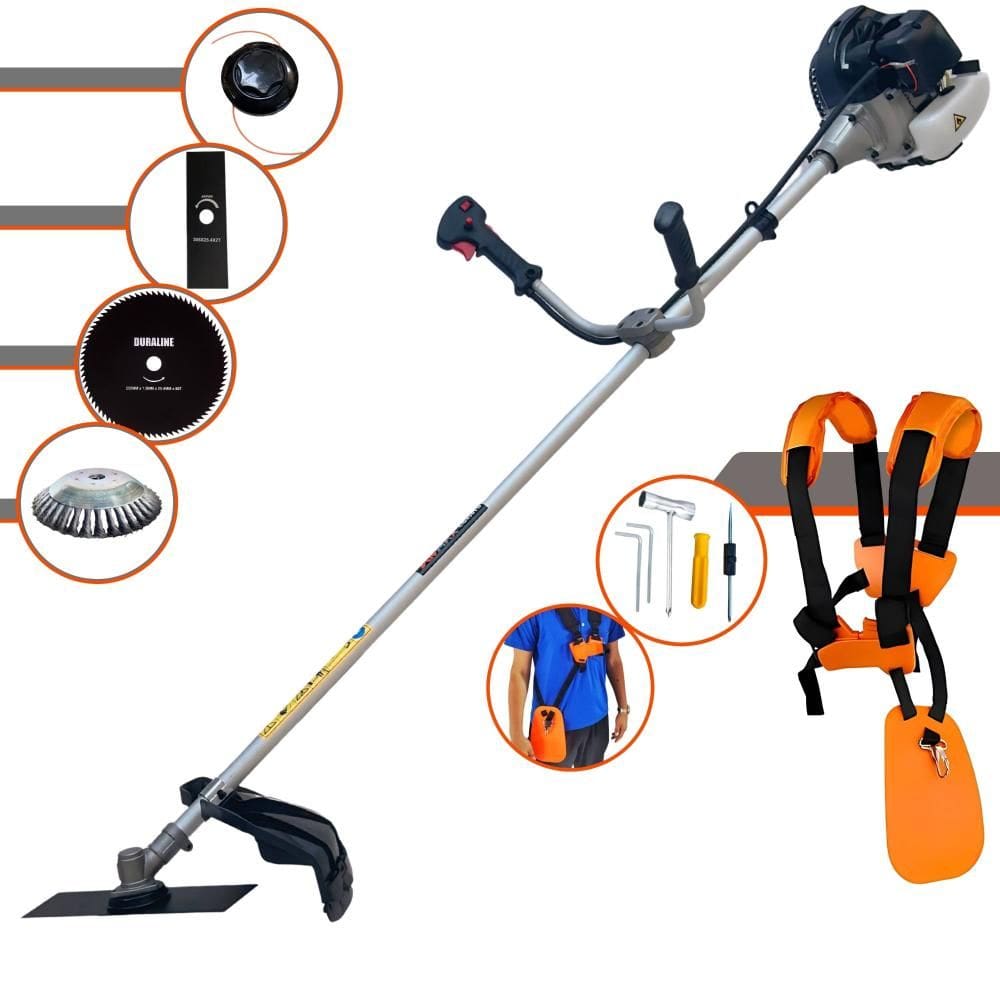 Roçadeira Aparador de Grama Anmax CG430B À Gasolina 43cc 12.000rpm 1,7HP 4 Opções de Corte C/ Faca 2 Pontas, Faca 80 Dentes, Escova de Aço e Carretel