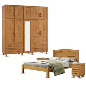 Conjunto Quarto Carvalho Casal: Guarda-Roupa Florença 10 Portas Cama e 2 Mesas Cabeceira Madeira Pinus  - Tozzeto