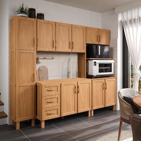 Armário de Cozinha Modular Freijó 4 peças: Balcão, Aéreo, Paneleiro e Torre Quente Madeira Pinus - Tozzeto