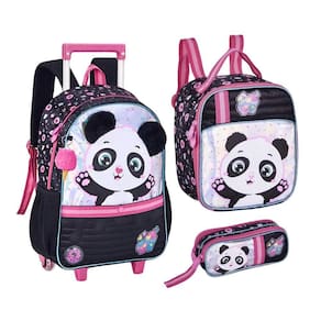 Kit Mochila De Rodinhas + Lancheira Térmica + Estojo Duplo Panda Clio