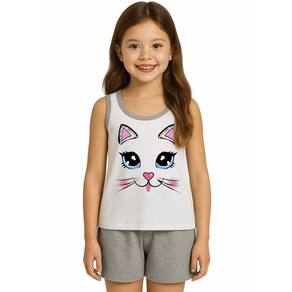 Pijama Infantil Regata e Short Estampa Gatinha