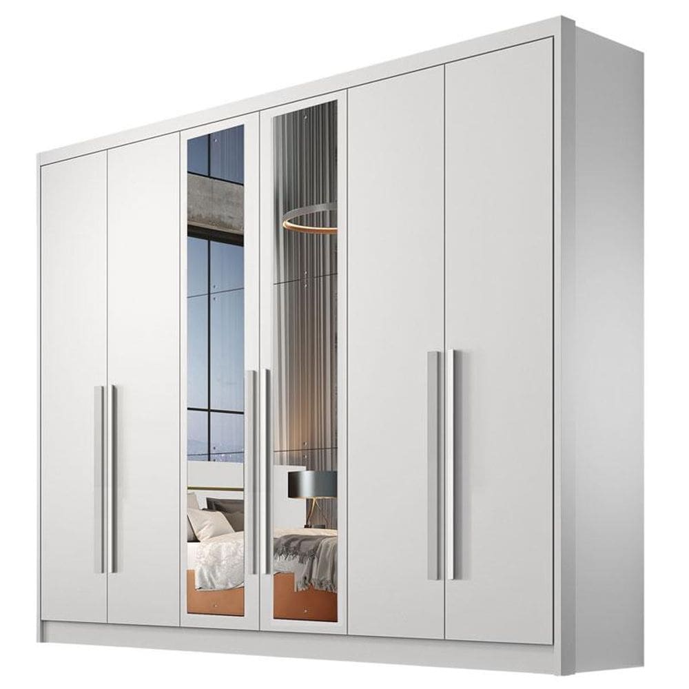 Guarda Roupa Casal Livorno 6 Portas 4 Gavetas Neve com Espelho - Novo Horizonte