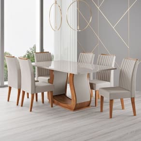 Conjunto Sala de Jantar Mesa 160x80,8cm Tampo com Vidro 6 Cadeiras Inspirare Mel/Off White/Bege