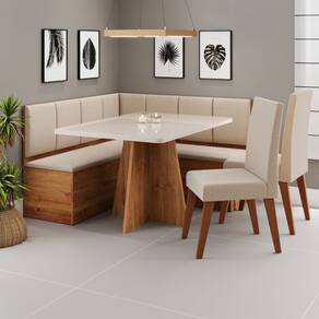Conjunto Canto Alemão com Baú Mesa 120x77,8cm Tampo com Vidro e 2 Cadeiras Milão Mel/Off White/Bronze