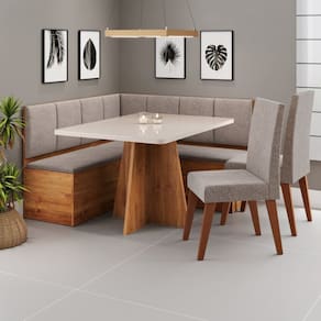Conjunto Canto Alemão com Baú Mesa 120x77,8cm Tampo com Vidro e 2 Cadeiras Milão Mel/Off White/Kaki