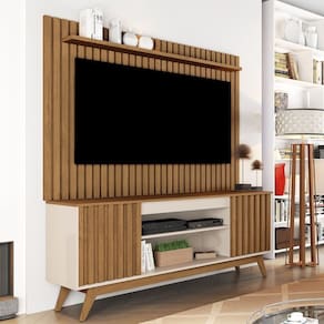 Rack com Painel para Tv 65 Polegadas Pés em Madeira Maciça Malibu Classic Wood Off White / Freijó