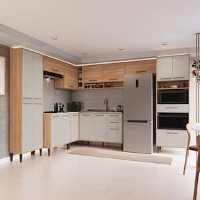Cozinha Modulada Completa 9 Peças com Torre Quente e Paneleiro Duplo 18 Portas 3 Gavetas Jade Freijó / Arenas