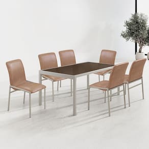 Conjunto Sala de Jantar com Tampo de Vidro 6 Cadeiras Premium Champanhe / Bege /Café Metalizado