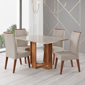 Conjunto Sala de Jantar Mesa 120x79,2cm Tampo com Vidro 4 Cadeiras Riviera Mel/Off White/Bege