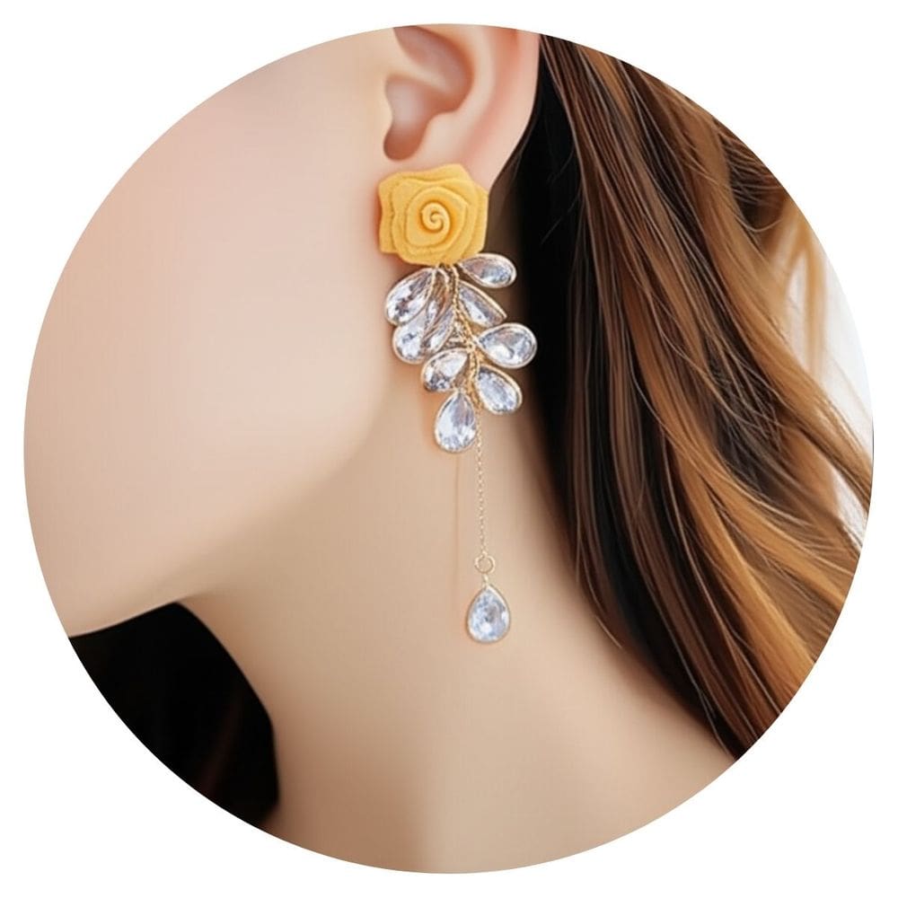 Brinco Pendente de Rosa com Cristais Prateado ou Dourado Lux