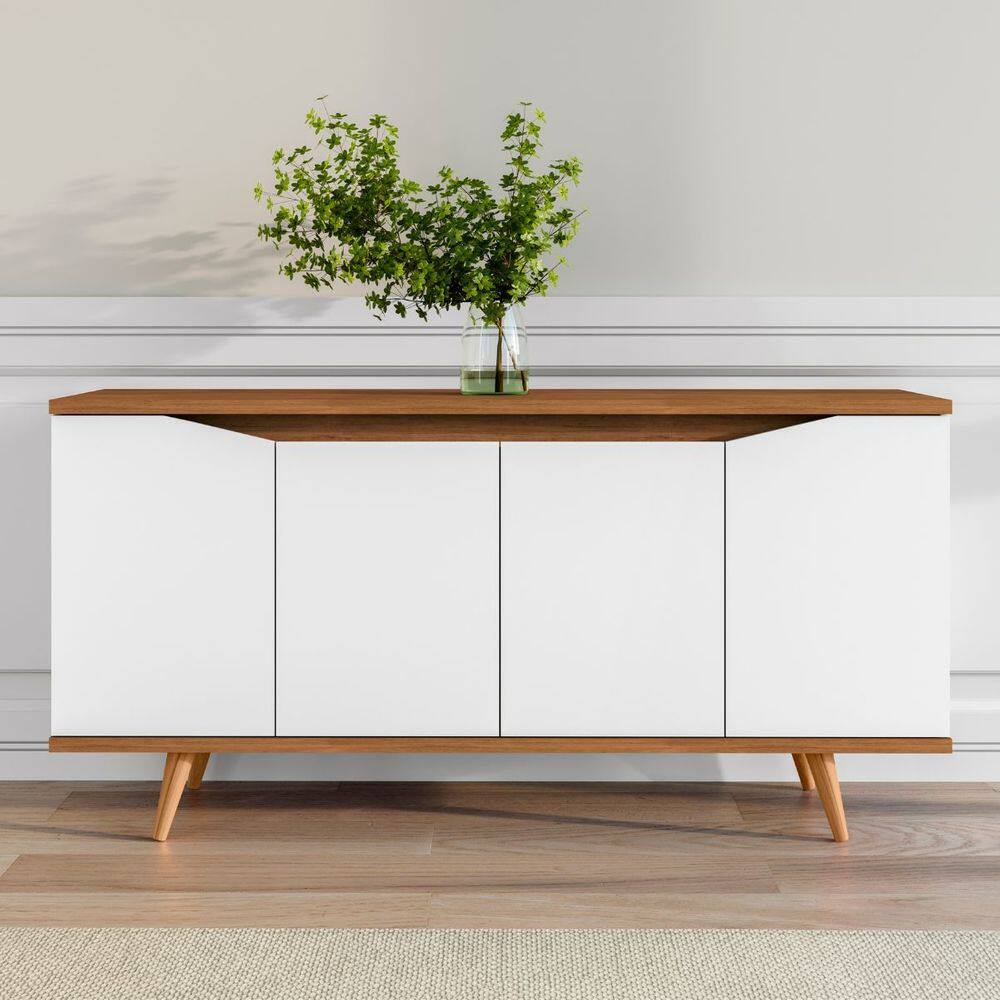 Buffet 4 Portas Soft Close 3 Prateleiras Pés Madeira Maciça Branco e Cedro Grace