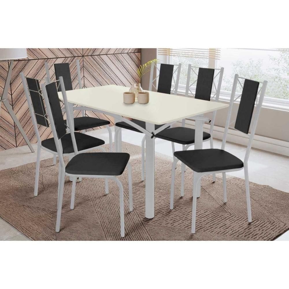 Sala de Jantar Completa Elba Tampo Madeirado c/ Vidro 160cm e 6 Cadeiras Lisboa Cromada/Off White - Courano Preto - Kappesberg