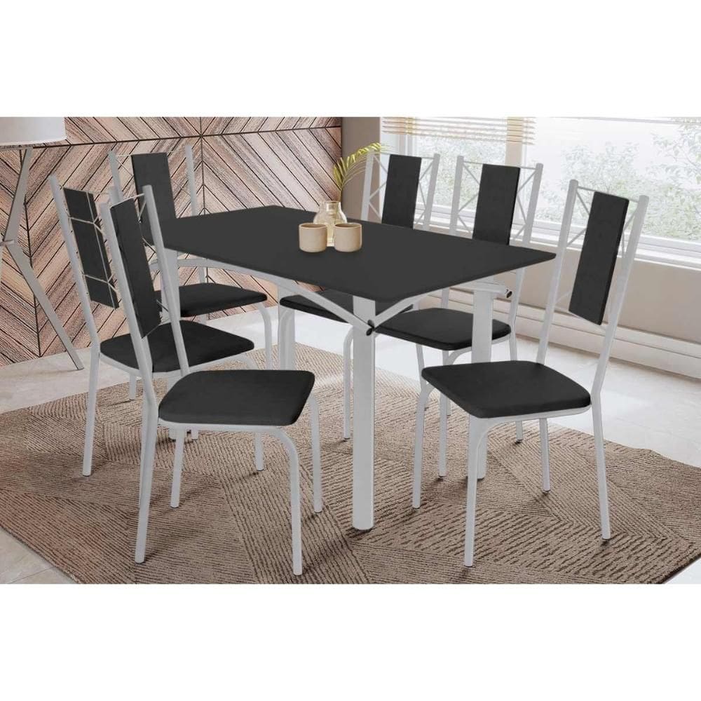 Sala de Jantar Completa Elba Tampo Madeirado c/ Vidro 160cm e 6 Cadeiras Lisboa Cromada/Preto - Courano Preto - Kappesberg