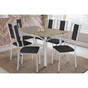 Sala de Jantar Completa Elba Tampo Madeirado c/ Vidro 120cm e 6 Cadeiras Lisboa Cromada/Freijo Bronze - Courano Preto - Kappesberg