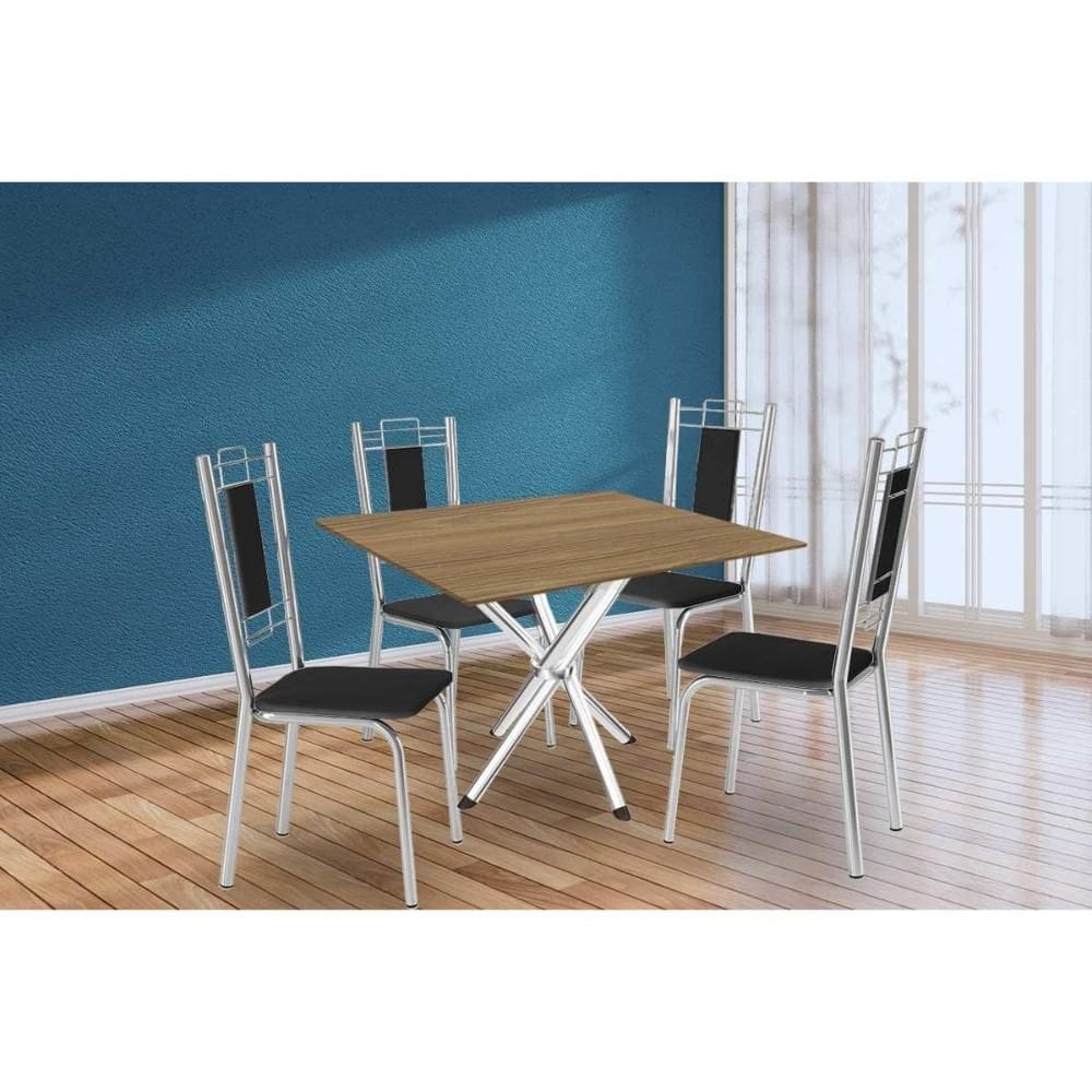Sala de Jantar Completa Volga c/ Tampo de Madeira 90cm e 4 Cadeiras Lisboa Cromado/Nogueira - Preto - Kappesberg