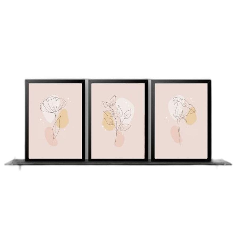 Quadro Suave Rosinha Minimalista Moldura Preta 33X24Cm 3Un