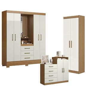 Guarda Roupa Solteiro Paris 2045150 com Armário Multiuso 2 Portas 2000191 e Cômoda Sapateira Londres 2004142 Atacama Off White - Aramóveis