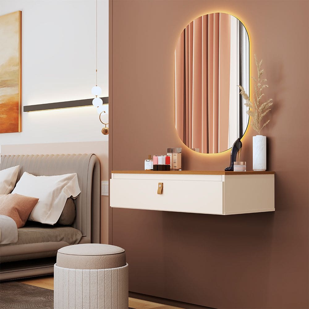 Penteadeira Suspensa Multiuso Console Diana com Puxador em Corino Off-white/nature