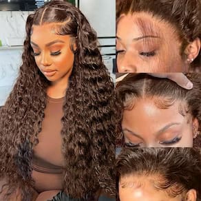 Perucas frontais de renda DaXundi Chocolate Brown Deep Wave 66cm