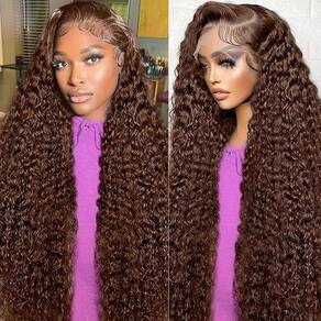 Peruca frontal de renda DaXundi Chocolate Brown Deep Wave 30in